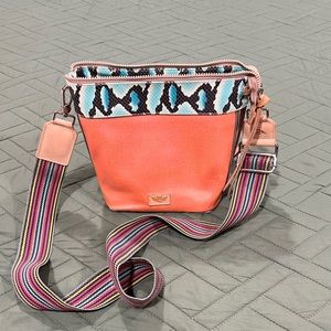 Consuela Orange and Snake Print “Carmen” Crossbody Wedge Purse. Like new